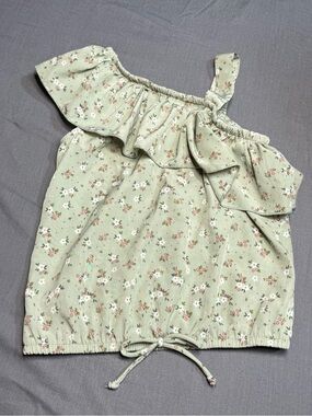 Girls One-Shoulder Ruffle Top in Sage Floral